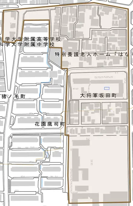 大将軍坂田町とその周辺の地図。町の範囲を重ねている