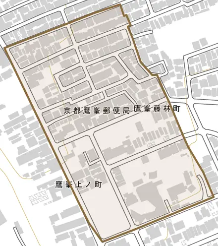 鷹峯藤林町とその周辺の地図。町の範囲を重ねている