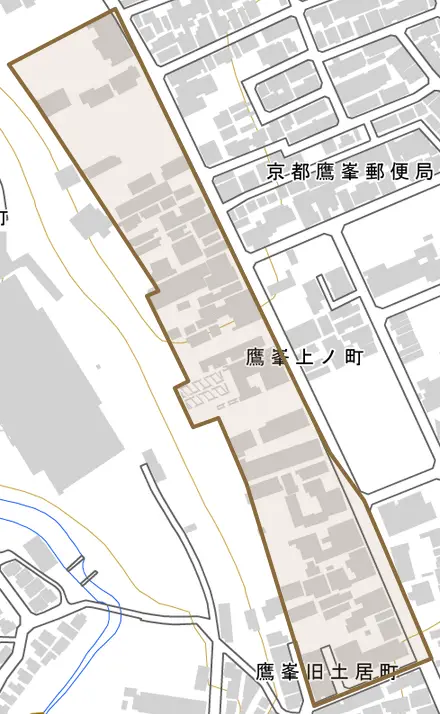 鷹峯上ノ町とその周辺の地図。町の範囲を重ねている