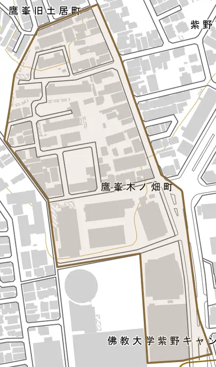 鷹峯木ノ畑町とその周辺の地図。町の範囲を重ねている