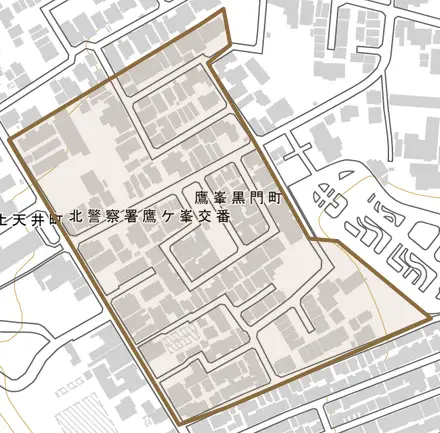 鷹峯黒門町とその周辺の地図。町の範囲を重ねている