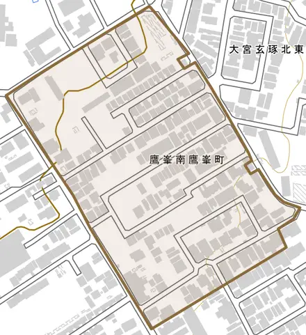 鷹峯南鷹峯町とその周辺の地図。町の範囲を重ねている
