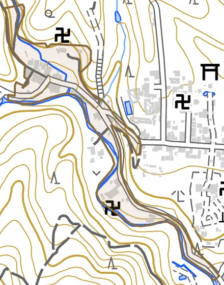 鷹峯千束町とその周辺の地図。町の範囲を重ねている