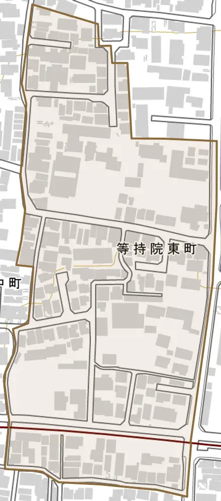 等持院東町とその周辺の地図。町の範囲を重ねている