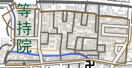 等持院南町とその周辺の地図。町の範囲を重ねている