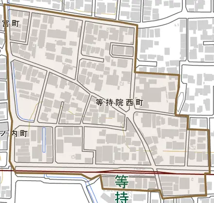 等持院西町とその周辺の地図。町の範囲を重ねている