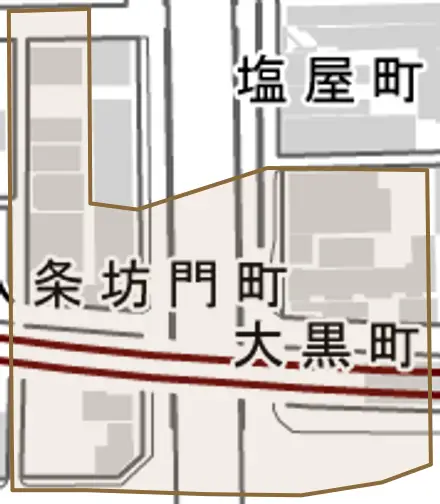 大黒町とその周辺の地図。町の範囲を重ねている