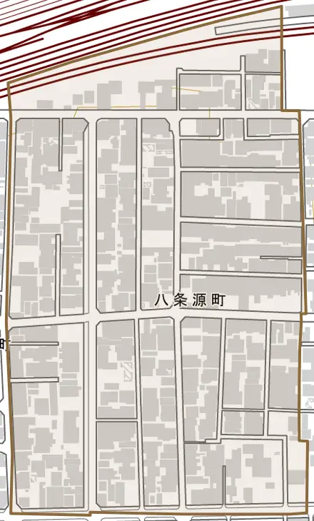 八条源町とその周辺の地図。町の範囲を重ねている