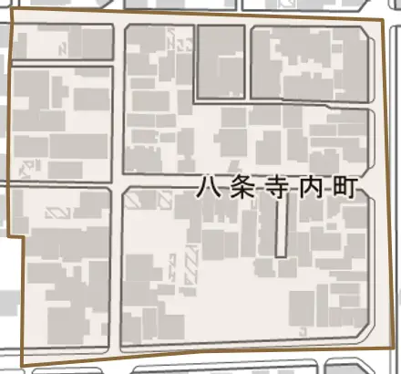八条寺内町とその周辺の地図。町の範囲を重ねている