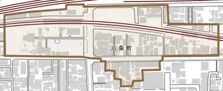 八条町とその周辺の地図。町の範囲を重ねている