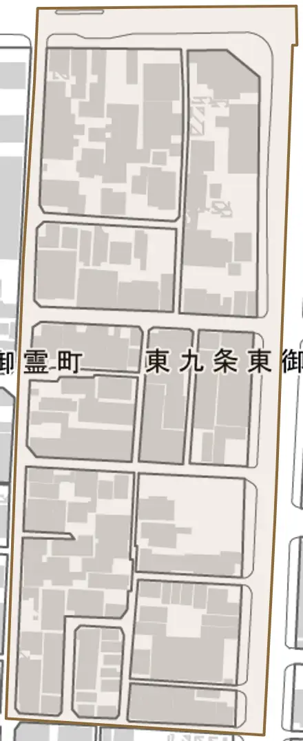 東九条東御霊町とその周辺の地図。町の範囲を重ねている