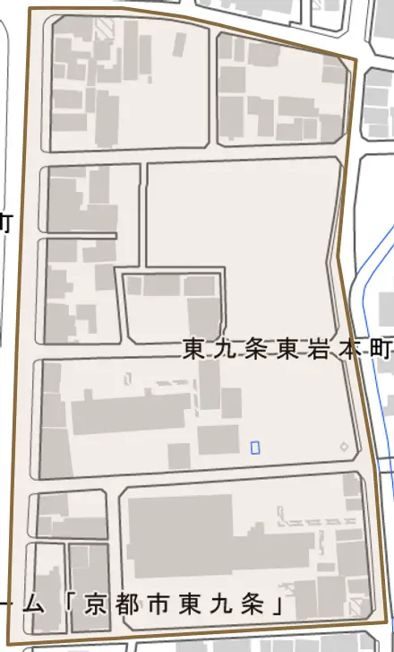 東九条東岩本町とその周辺の地図。町の範囲を重ねている