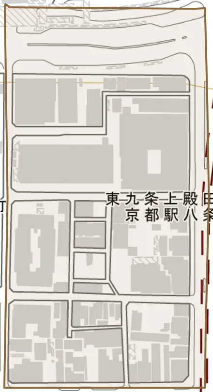 東九条上殿田町とその周辺の地図。町の範囲を重ねている