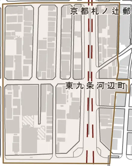 東九条河辺町とその周辺の地図。町の範囲を重ねている
