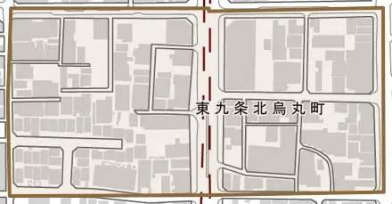東九条北烏丸町とその周辺の地図。町の範囲を重ねている