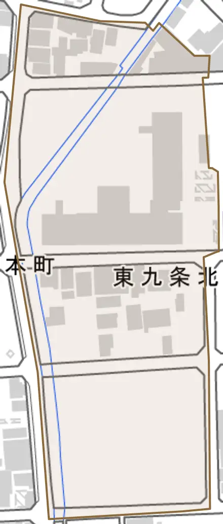 東九条北河原町とその周辺の地図。町の範囲を重ねている