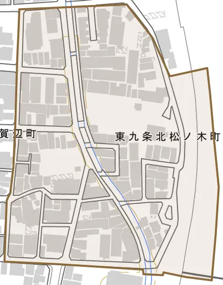 東九条北松ノ木町とその周辺の地図。町の範囲を重ねている