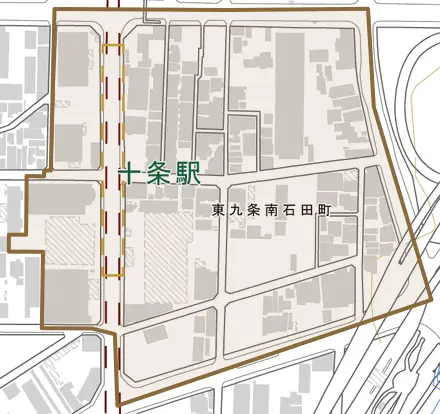 東九条南石田町とその周辺の地図。町の範囲を重ねている