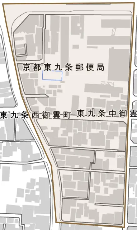 東九条中御霊町とその周辺の地図。町の範囲を重ねている