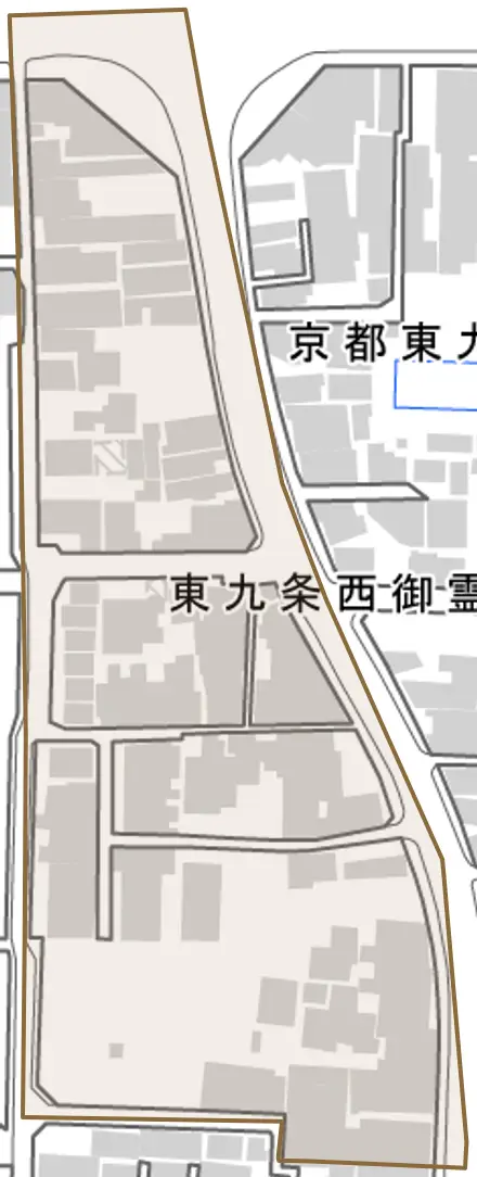 東九条西御霊町とその周辺の地図。町の範囲を重ねている