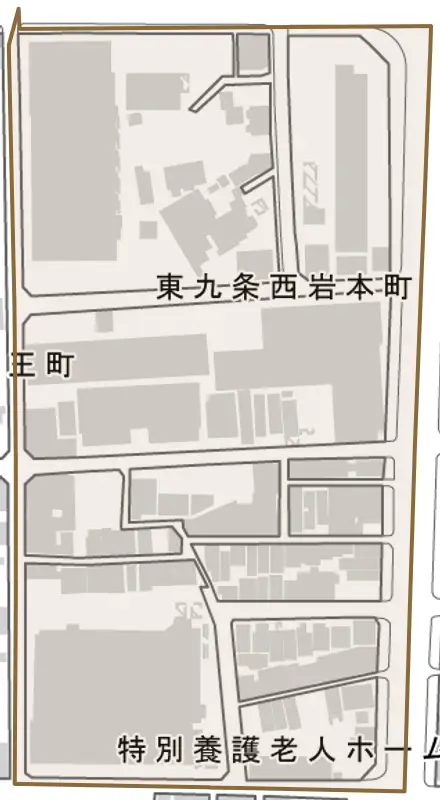 東九条西岩本町とその周辺の地図。町の範囲を重ねている