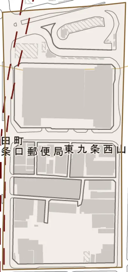 東九条西山王町とその周辺の地図。町の範囲を重ねている