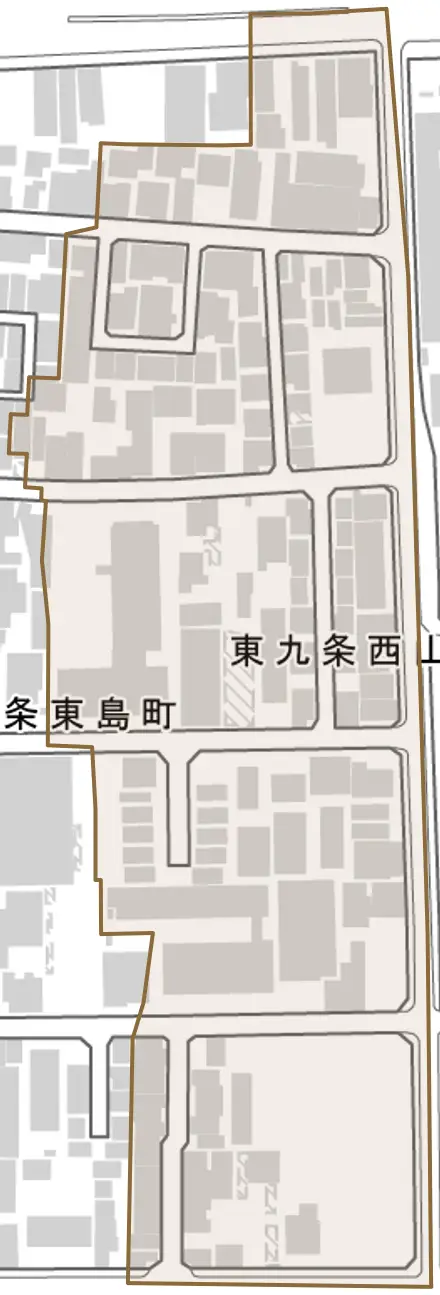 東九条西山町とその周辺の地図。町の範囲を重ねている