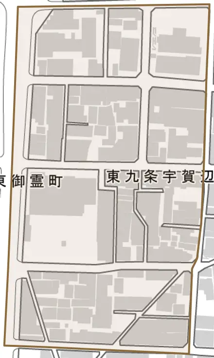 東九条宇賀辺町とその周辺の地図。町の範囲を重ねている