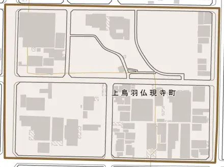 上鳥羽仏現寺町とその周辺の地図。町の範囲を重ねている