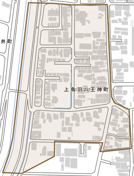 上鳥羽八王神町とその周辺の地図。町の範囲を重ねている
