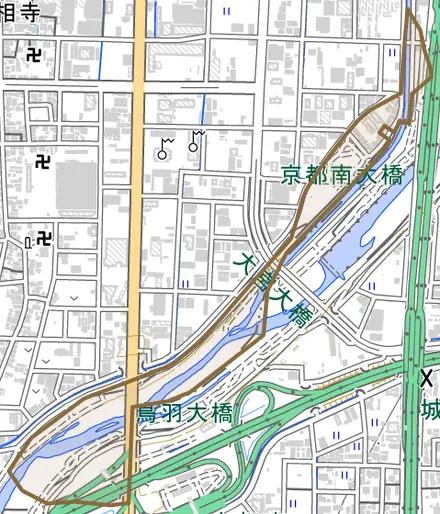上鳥羽火打形町とその周辺の地図。町の範囲を重ねている