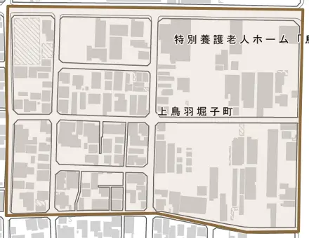 上鳥羽堀子町とその周辺の地図。町の範囲を重ねている