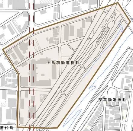 上鳥羽勧進橋町とその周辺の地図。町の範囲を重ねている