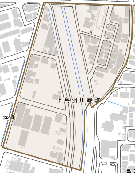 上鳥羽川端町とその周辺の地図。町の範囲を重ねている
