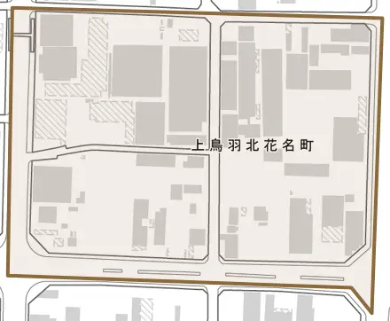 上鳥羽北花名町とその周辺の地図。町の範囲を重ねている