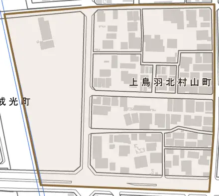 上鳥羽北村山町とその周辺の地図。町の範囲を重ねている