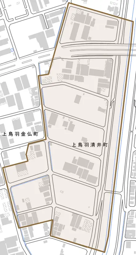 上鳥羽清井町とその周辺の地図。町の範囲を重ねている