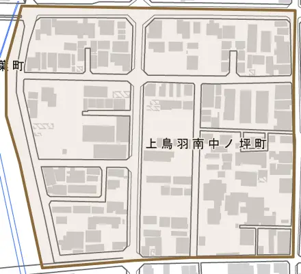上鳥羽南中ノ坪町とその周辺の地図。町の範囲を重ねている