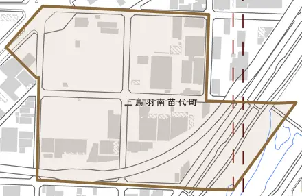 上鳥羽南苗代町とその周辺の地図。町の範囲を重ねている