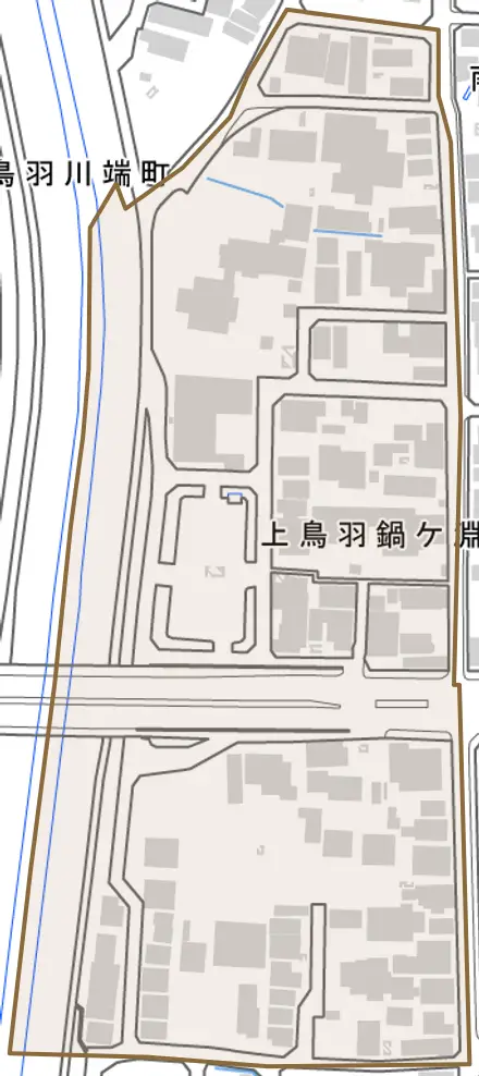 上鳥羽鍋ケ淵町とその周辺の地図。町の範囲を重ねている