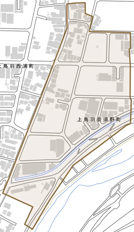 上鳥羽奈須野町とその周辺の地図。町の範囲を重ねている