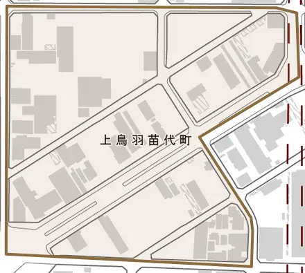 上鳥羽苗代町とその周辺の地図。町の範囲を重ねている