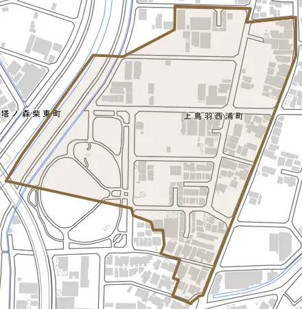 上鳥羽西浦町とその周辺の地図。町の範囲を重ねている