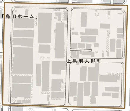 上鳥羽大柳町とその周辺の地図。町の範囲を重ねている
