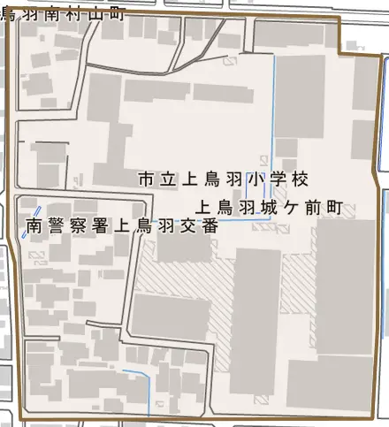 上鳥羽城ケ前町とその周辺の地図。町の範囲を重ねている