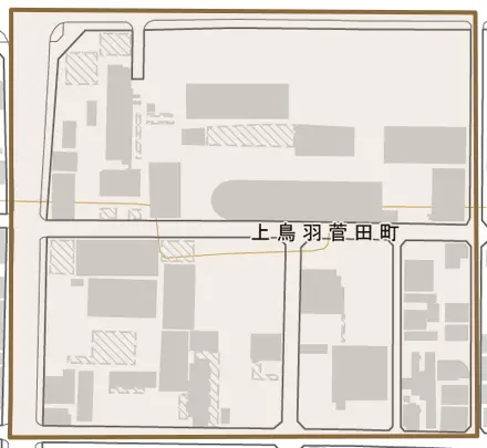 上鳥羽菅田町とその周辺の地図。町の範囲を重ねている