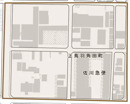 上鳥羽角田町とその周辺の地図。町の範囲を重ねている