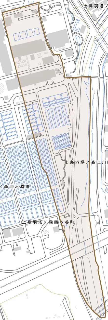 上鳥羽塔ノ森江川町とその周辺の地図。町の範囲を重ねている
