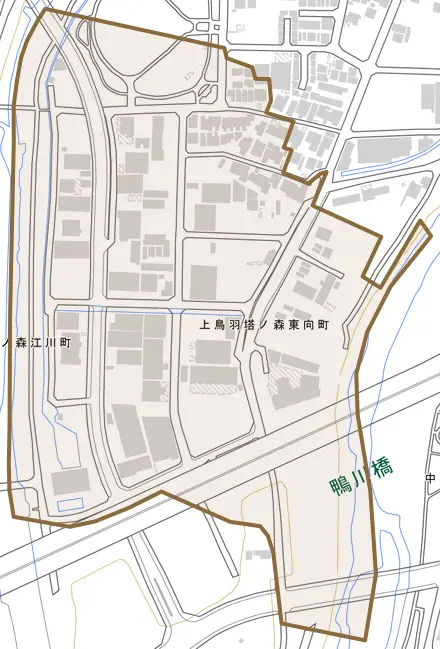 上鳥羽塔ノ森東向町とその周辺の地図。町の範囲を重ねている