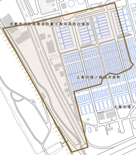 上鳥羽塔ノ森西河原町とその周辺の地図。町の範囲を重ねている